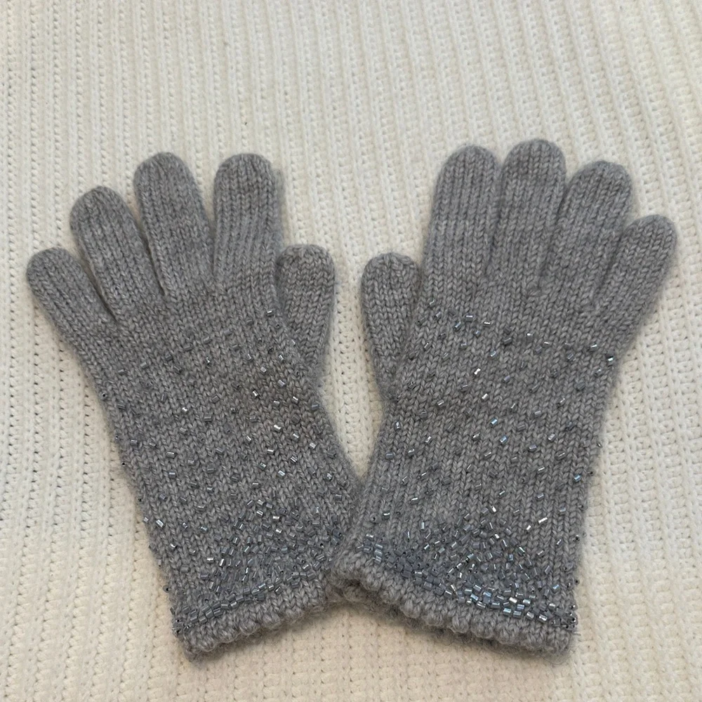 Talbots Gray Rhinestone Knit Gloves, Holiday Gift, NWT